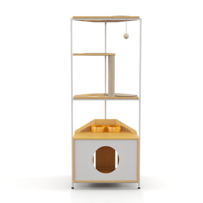 Corner Cat Tower, Cat Tree With Scratching Post, Cat Condo With Feeding Station And Climbing Platforms, Pet Furniture For Indoor Cats