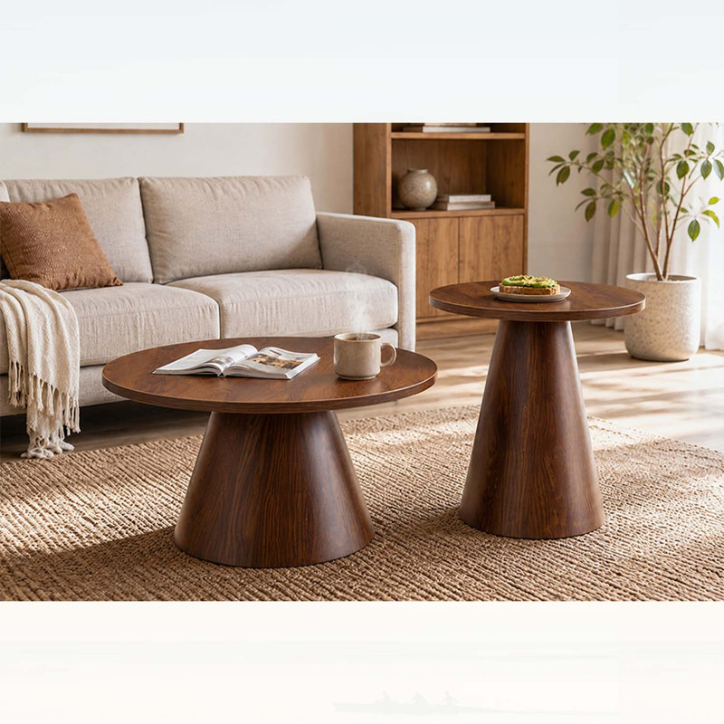 Ensemble de 2 tables basses rondes gigognes en bois de noyer moderne avec plateau résistant à l'eau et base en acier à transfert de chaleur, patins réglables pour les petits espaces