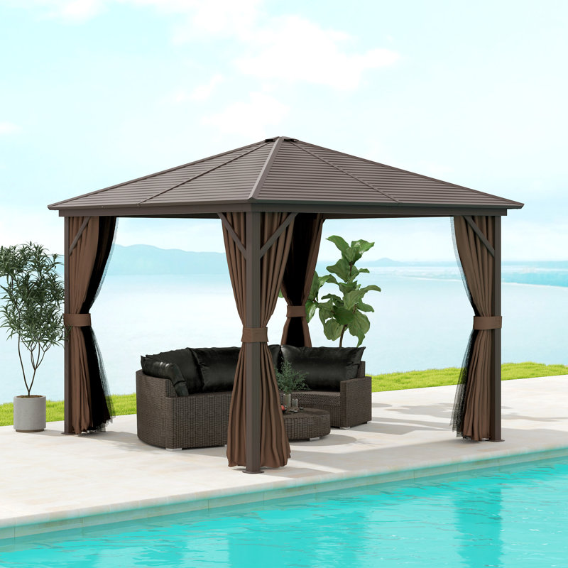 Auvent pour pavillon de jardin à toit rigide 10 pi x 10 pi, pavillon permanent avec crochet, rideaux, cadre en aluminium pour patio, jardin, brun foncé