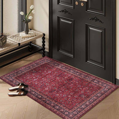 Rugs Traditional Collection - Tapis lavable à la machine, tapis en chenille à poils courts, lavable à la machine, antidérapant, salon, chambre à coucher, tapis de cuisine (rouge foncé 2 pi x 3 pi)