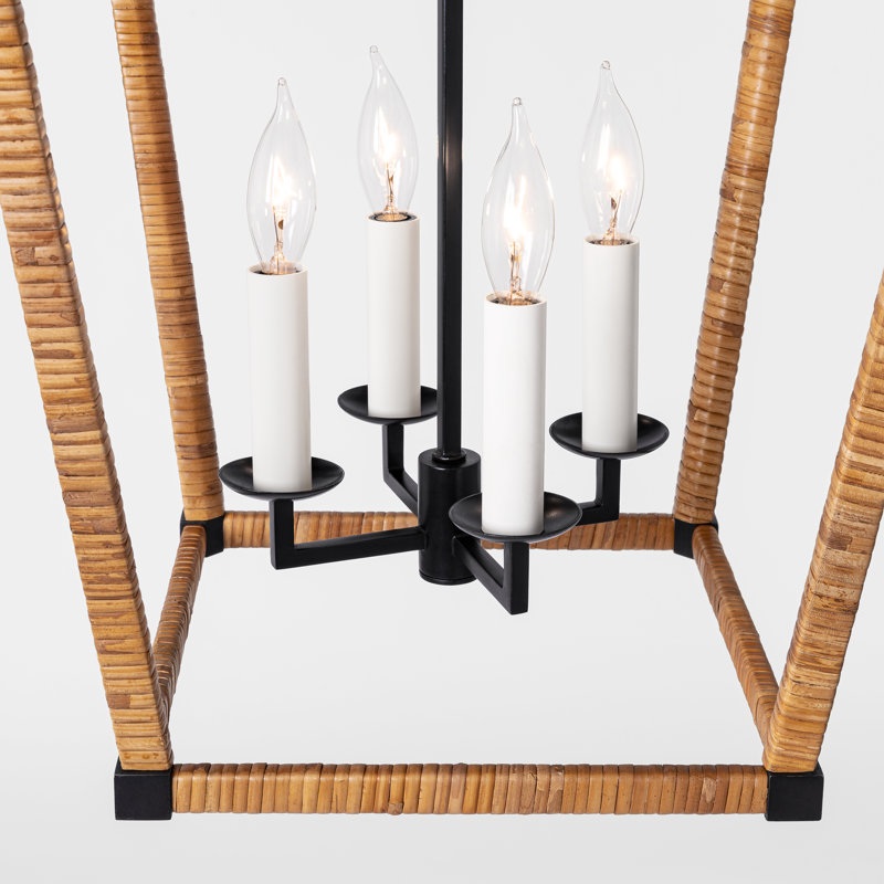 Darlana 4 - Light Square/Rectangle Lantern, Antique-Burnished Brass/Natural Rattan, 18" H x 12.5" W x 12.5" D