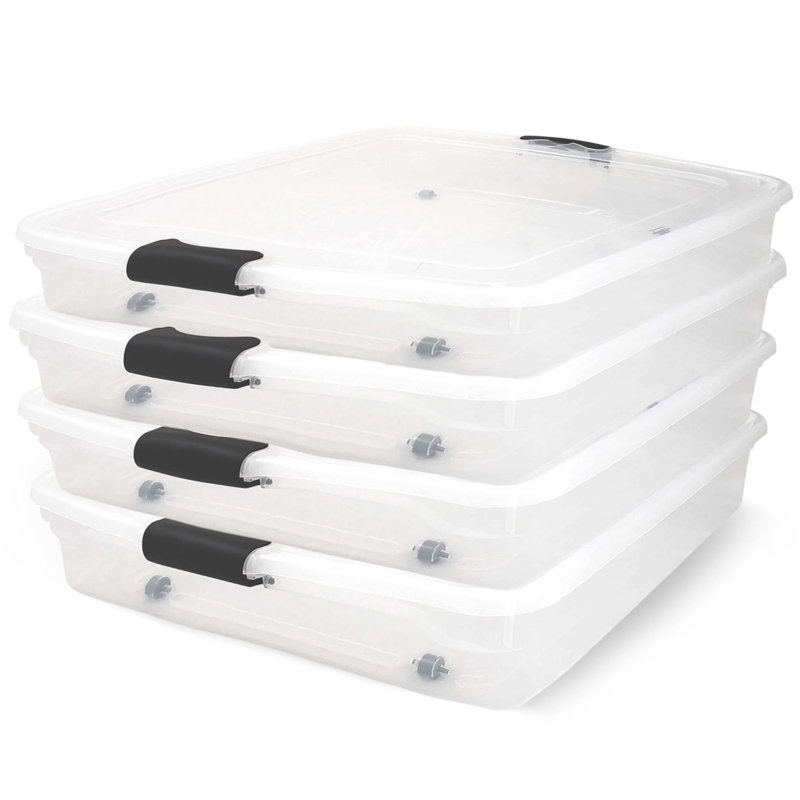 Homz Underbed Secure Latching Clear Plastic Storage Container, 56 qts., 4, Clear/Black