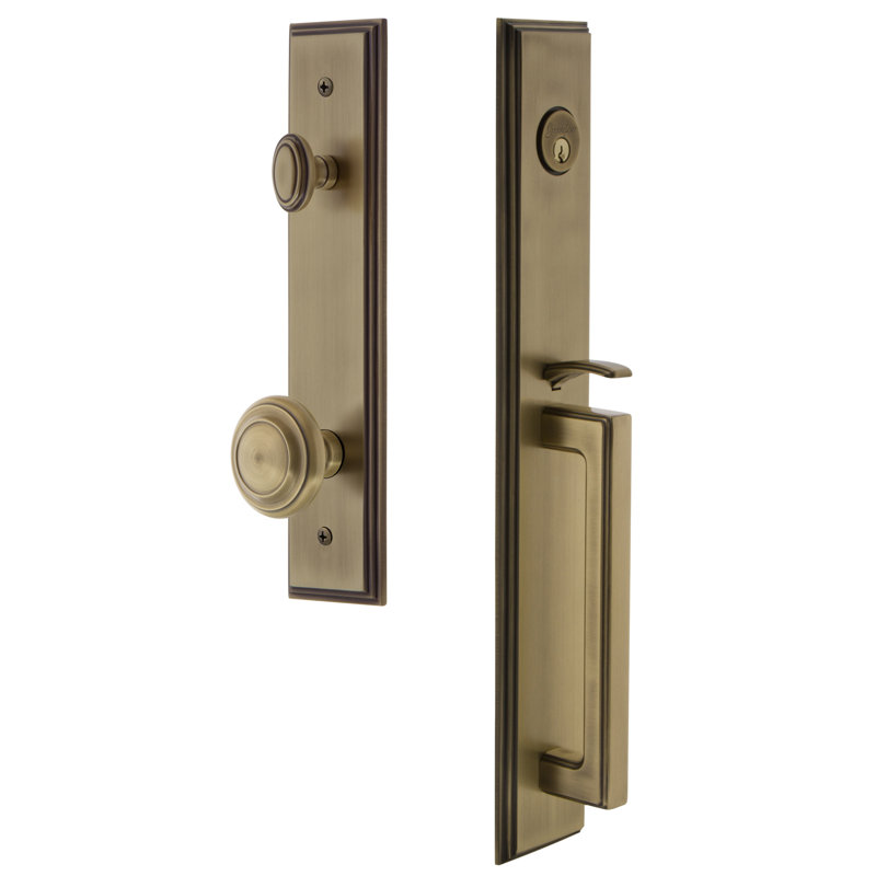 Carré Handleset with Single Cylinder Deadbolt and Circulaire Door Knob and Rosette, Vintage Brass, 2.75"