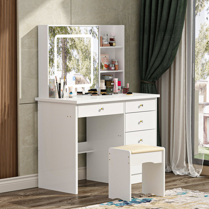 39.4'' Wide Makeup Vanity Set with Stool and LED Mirror, White