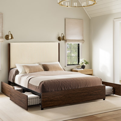 Lilie Upholstered Storage Platform Bed with 4 Drawers, 51-inch Tall Corduroy Headboard, No Box Spring Required