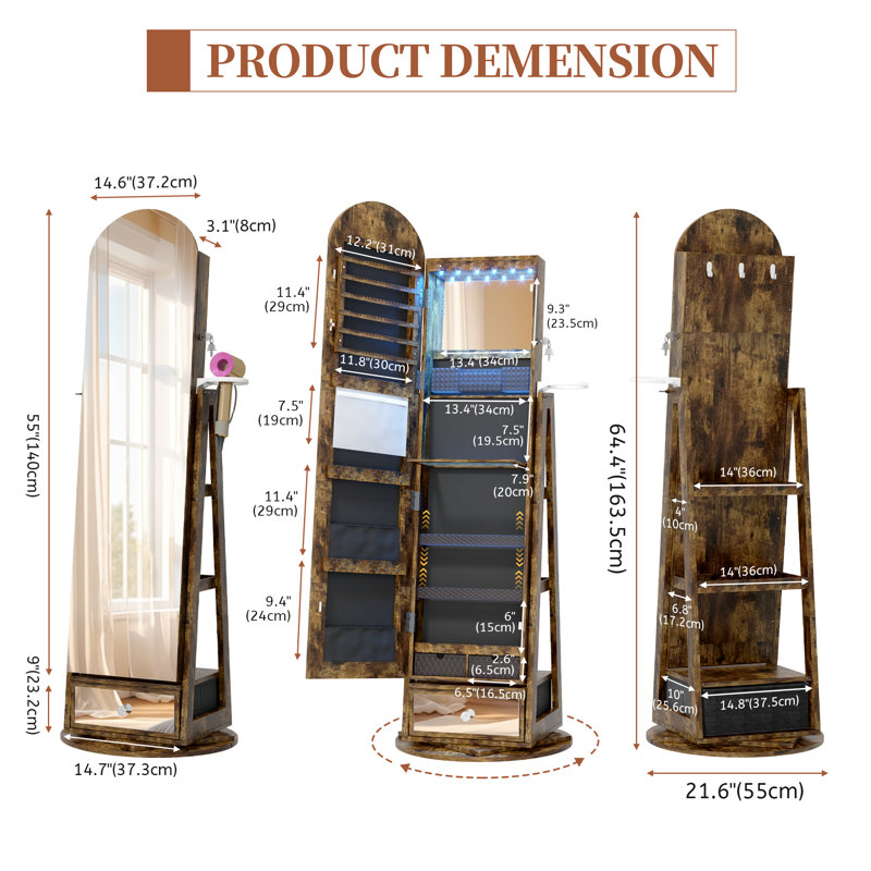 360° Swivel  Arched Jewelry Cabinet, Standing and Lockable Jewelry Armoire with Full-Length Mirror, Rustic Brown