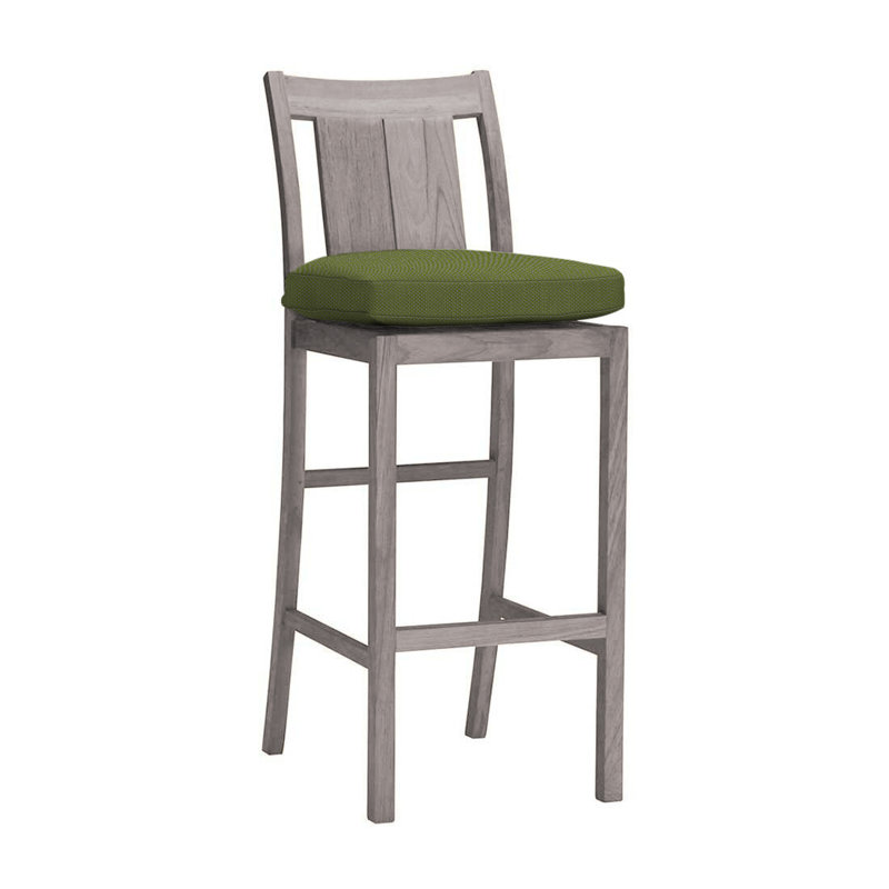 Croquet 30" Patio Bar Stool with Cushion, Oyster Teak, No Welt, Rollo Lace InsideOut® Linen