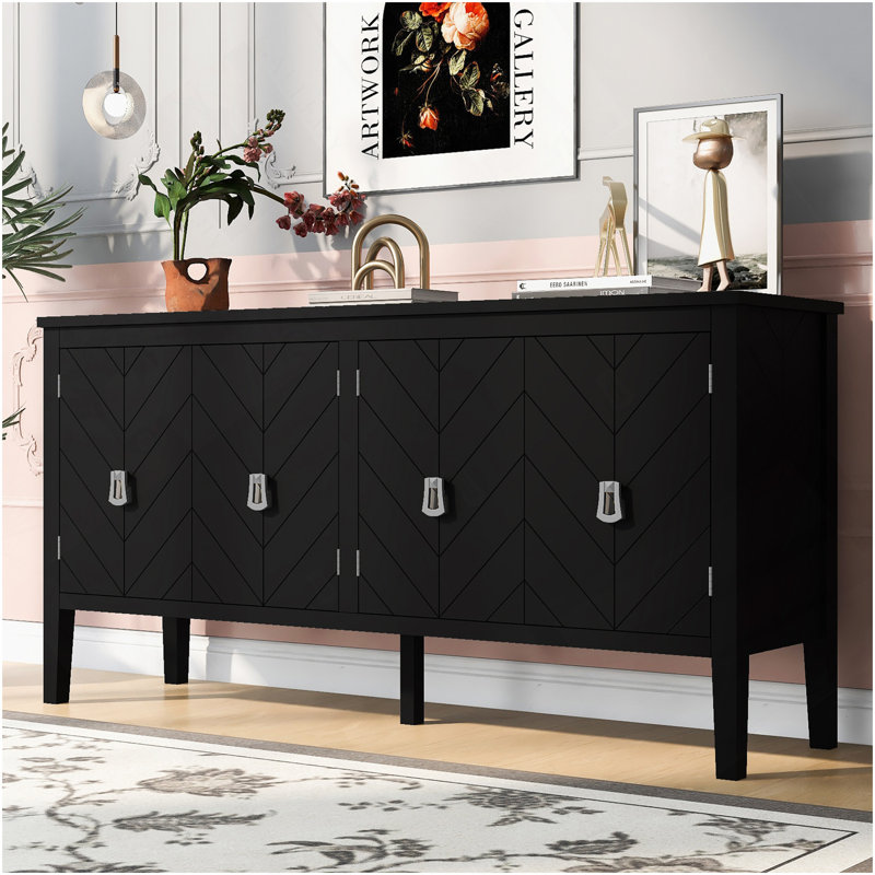 Buffet noir à quatre portes avec des motifs géométriques complexes et des poignées rétro, pour le salon, le bureau d'entrée, l'écurie simple à assembler dans des motifs élaborés, la vie en métal, les salles d'étude, la construction