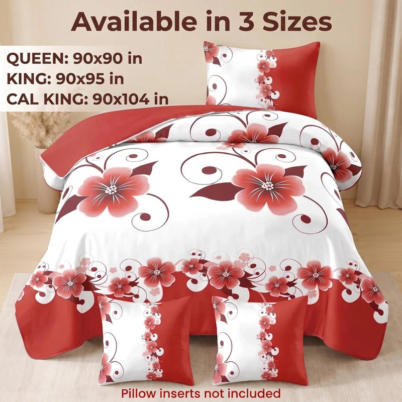 Ensemble de housse de couette 5 pièces à motif floral rouge pour lit queen, avec taies d'oreiller et housses de coussin décoratives
