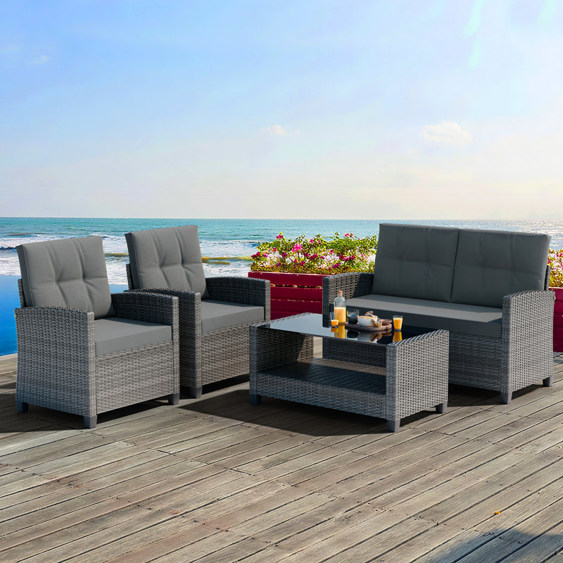 Ensemble de conversation de patio pour 4 personnes avec coussins Amei, Coussin gris clair / structure grise