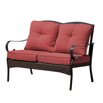 W48 In. Outdoor Metal Wicker Loveseat With Red Cushions by Winston Porter