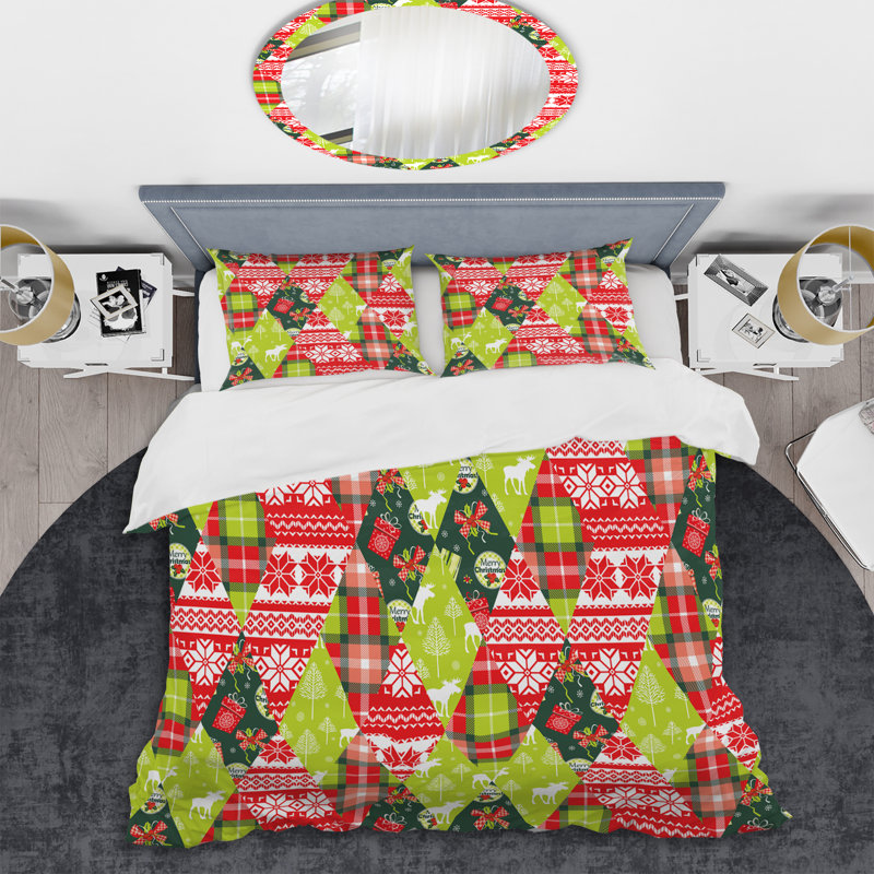 Ensemble de housse de couette en microfibre vert et rouge, Housse de couette simple + 1 taie décorative stan