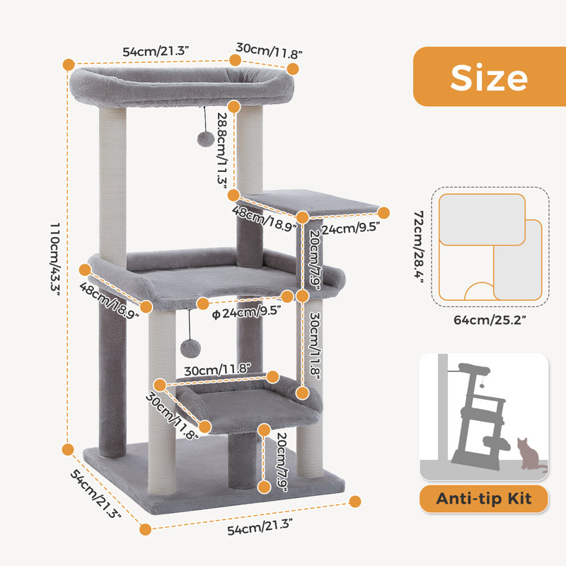 Arbre à chat gris grand format, 112 cm, 4 plateformes, Grey