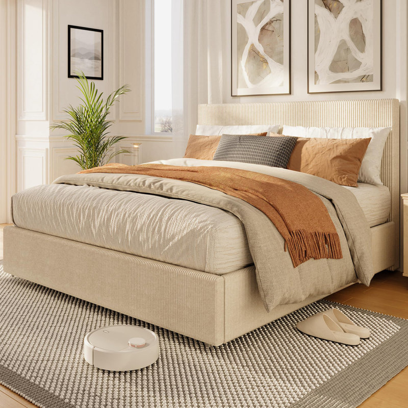 Full Size Tufted Corduroy Upholstered Platform Bed Frame - Wingback Headboard, 4 Storage Drawers, Strong Wooden Slats, No Box Season Needed, Bedroom Furniture - Black