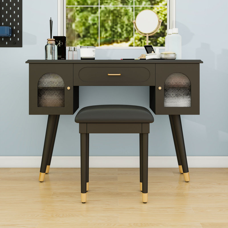 Vanity Makeup Desk with Built-in Power Port, Upholstered Stool and Storage Space, Black