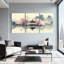 Paysage et nature, ensemble de 3 reproductions d'art sur toile, "Cherry Blossom Pavilion Lake Mountains Reflection Birds"-1654276358