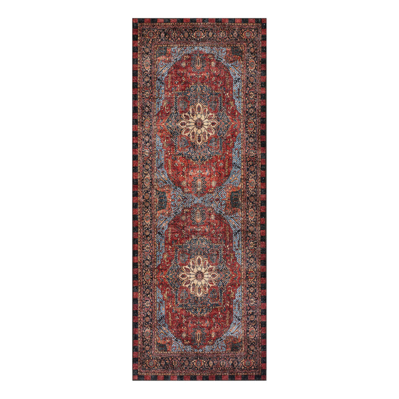 Heriz Checked Red Washable Rug, Runner 2'6" x 8'