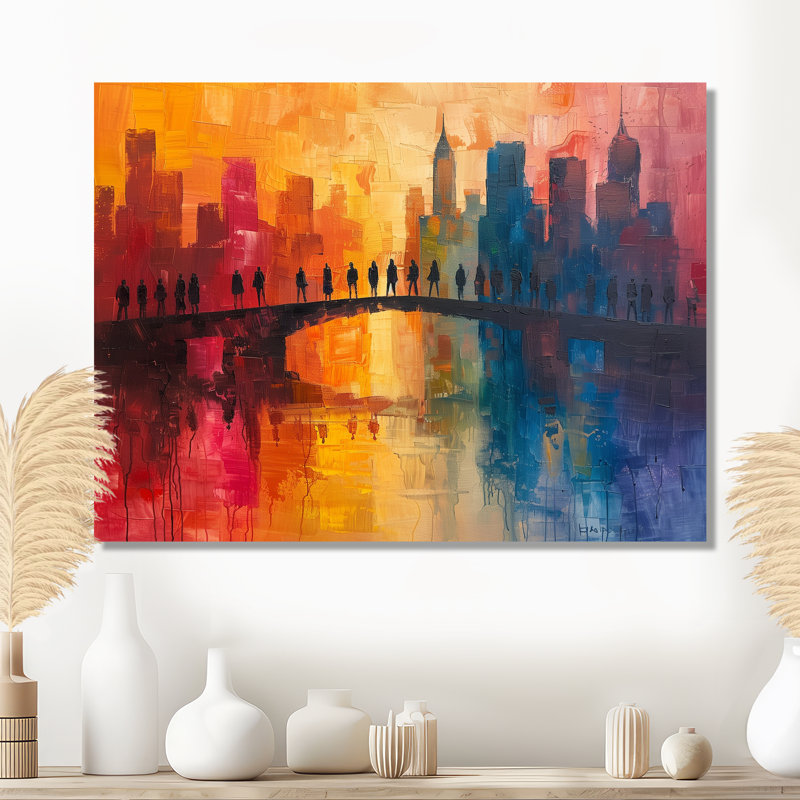 «Red Blue City City Skyscrapers - Bridges», reproduction d'art murale, Métal métal, H 30 po x l 40 po