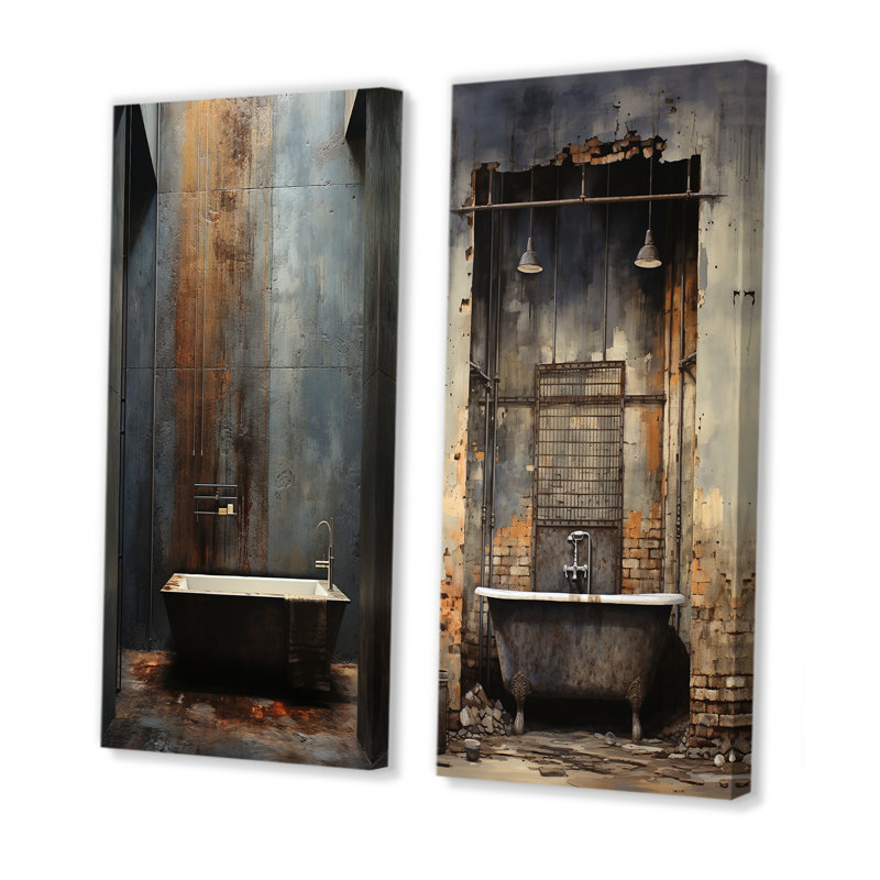 «Black Industrial Minimalist Bath II», ensemble de 2 impressions sur toile de salle de bain, H 28 po x l 25 po, Toile tendue