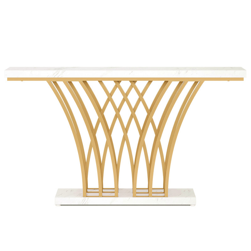 59" Console Table, Modern Faux Marble Entryway Table With Grid Metal Base, Narrow Accent Sofa Table