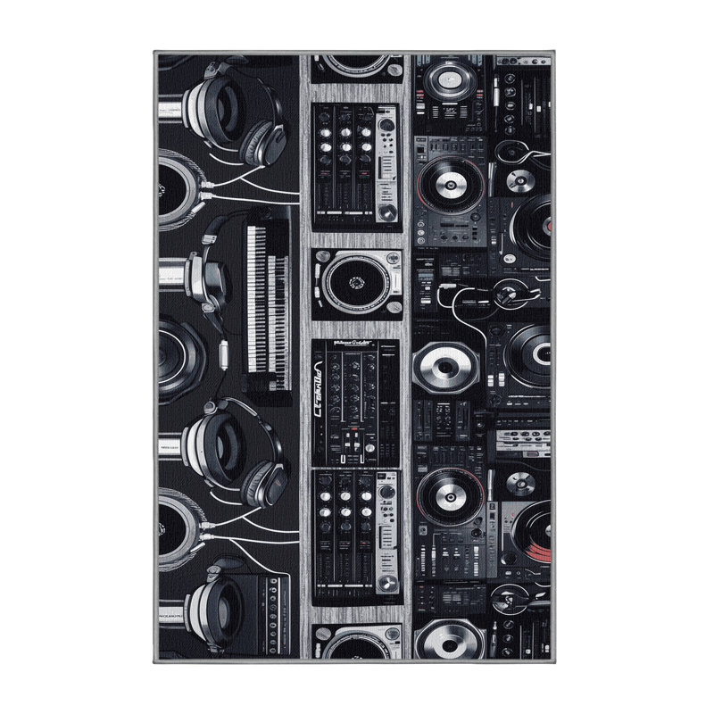 Washable Headphones and Modern Music Tech Music Area Rug, Rectangle 7' x 10'