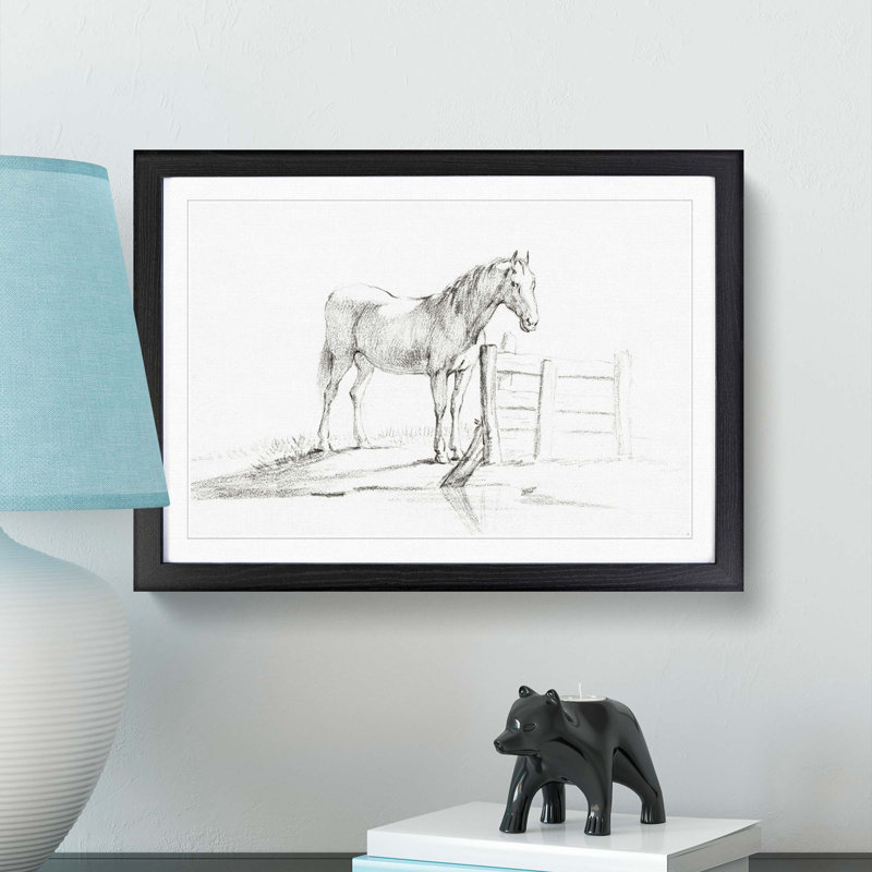 Horse by the Gate by Jean Bernard - Picture Frame Drawing Print, Black Framed, 36cm H x 48cm W x 2cm D