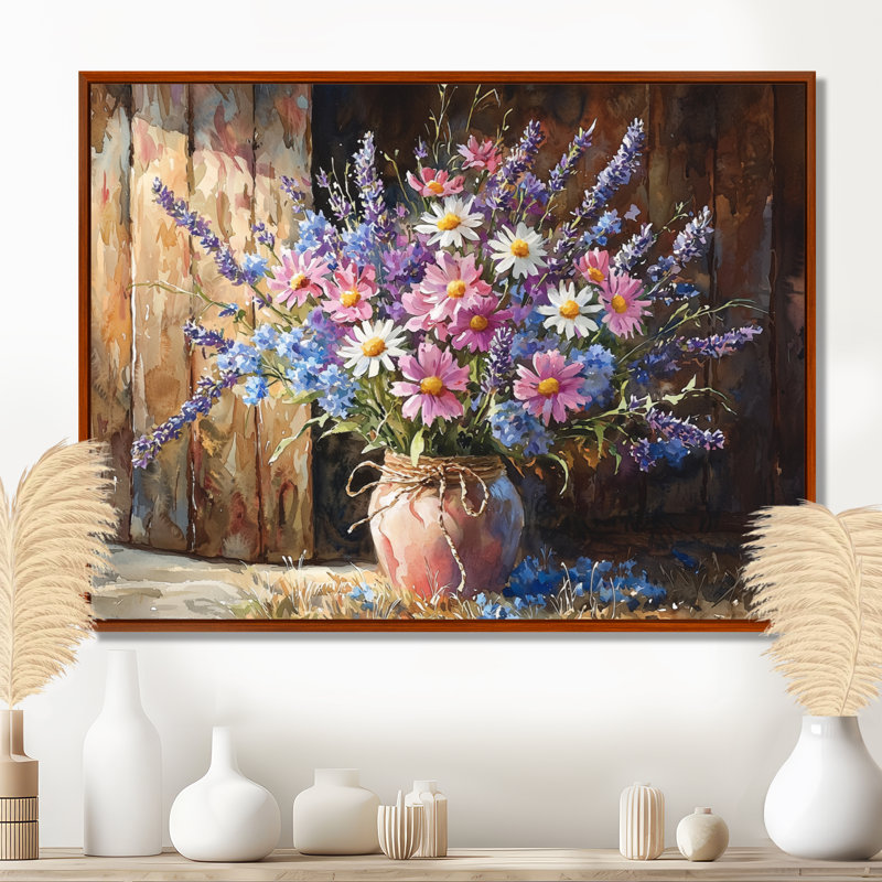 Art mural grand champ de fleurs de jardin II - Bouquets assortis, H 24 po x l 32 po, Cadre flottant, Brun