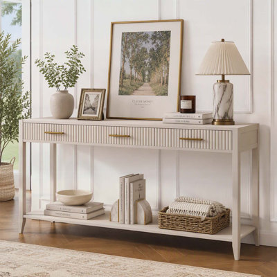 Console en bois de 152 cm (60 pouces) avec 3 tiroirs et une étagère de rangement, meuble d'entrée de style ferme moderne, couleur beige