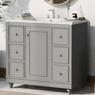 Meuble-lavabo simple 36 po avec plateau en céramique, 4 tiroirs et 1 porte