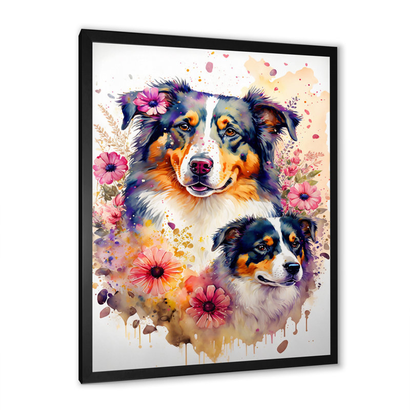 «Cute Australian Shepherds Floral I», impression sur toile, Impression noire sur toile encadrée, H 40 po x l 30 po x P 1,5 po