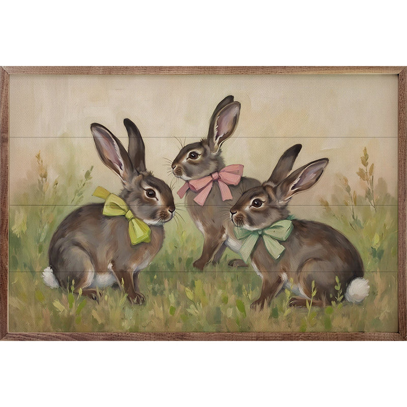 Three Bunnies With Bows, 10" H x 16" W