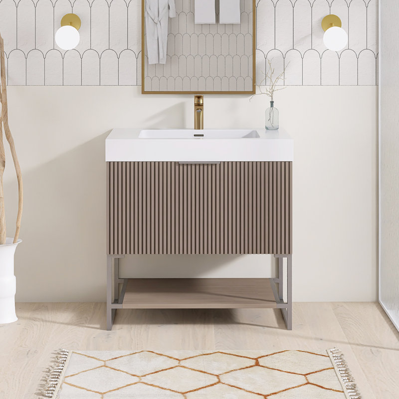 30 po X P 19,7 po P x 33,5 po Meuble-lavabo autoportant en chêne brun H avec lavabo en acrylique blanc H