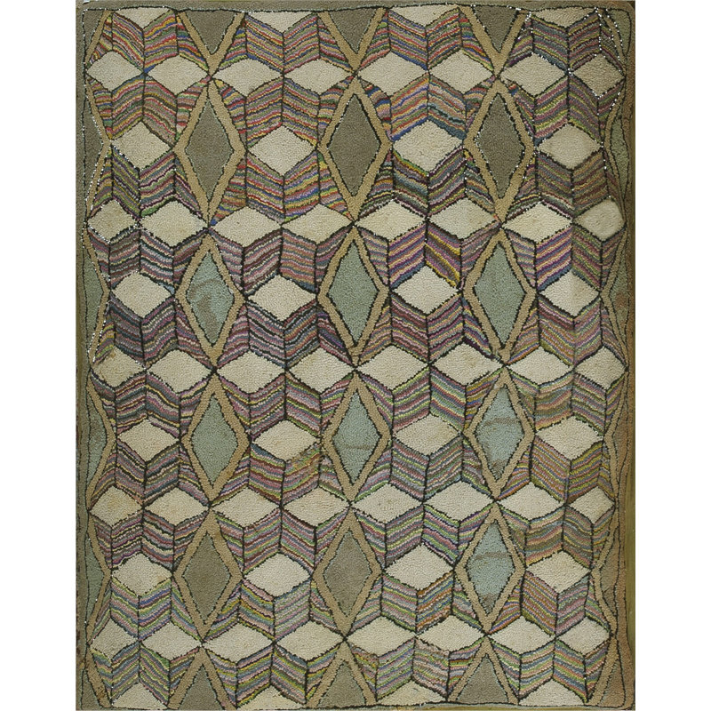 Artistic Antique Geometric Cube Folk Art Pattern American Hooked Rug