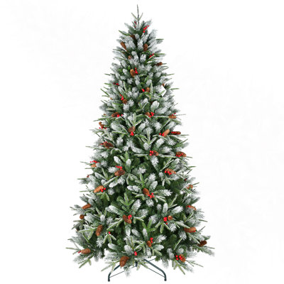 Arbre de Noël 7 pi avec 2178 pointes, baies rouges et pommes de pin - Branches PE + PVC enneigées, conception à charnières pour une installation facile, support en métal robuste - Décoration d'arbre de Noël naturelle