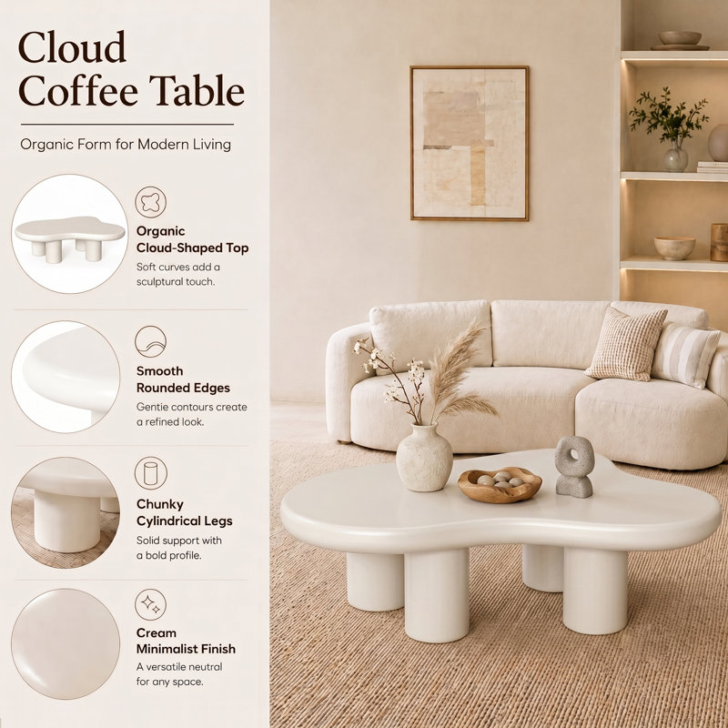46" Modern Free Form Irregular Cloud Shaped White Coffee Table With 3 Legs For Living Room&Bedroom, Cream White