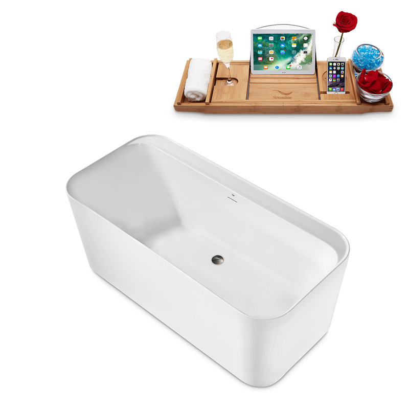 1501.1mm x 729mm Freestanding Soaking Acrylic Bathtub, Brushed Nickel