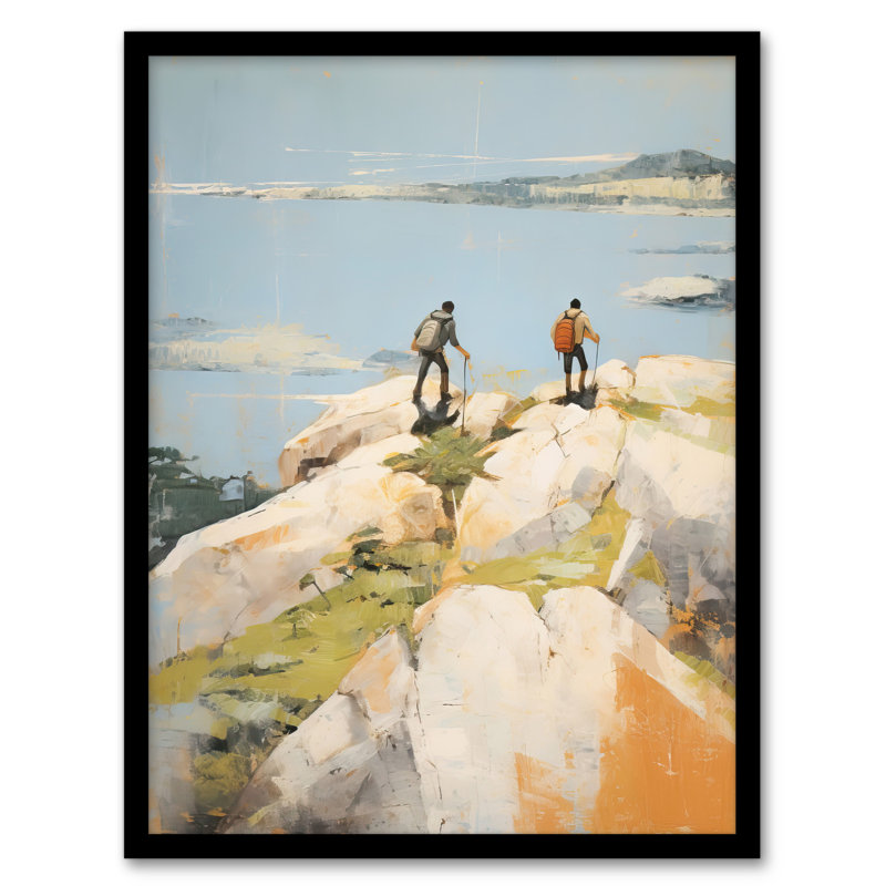 Hikers Reach The Summit At Last Hiking Coastal Cliff - Single Picture Frame Print