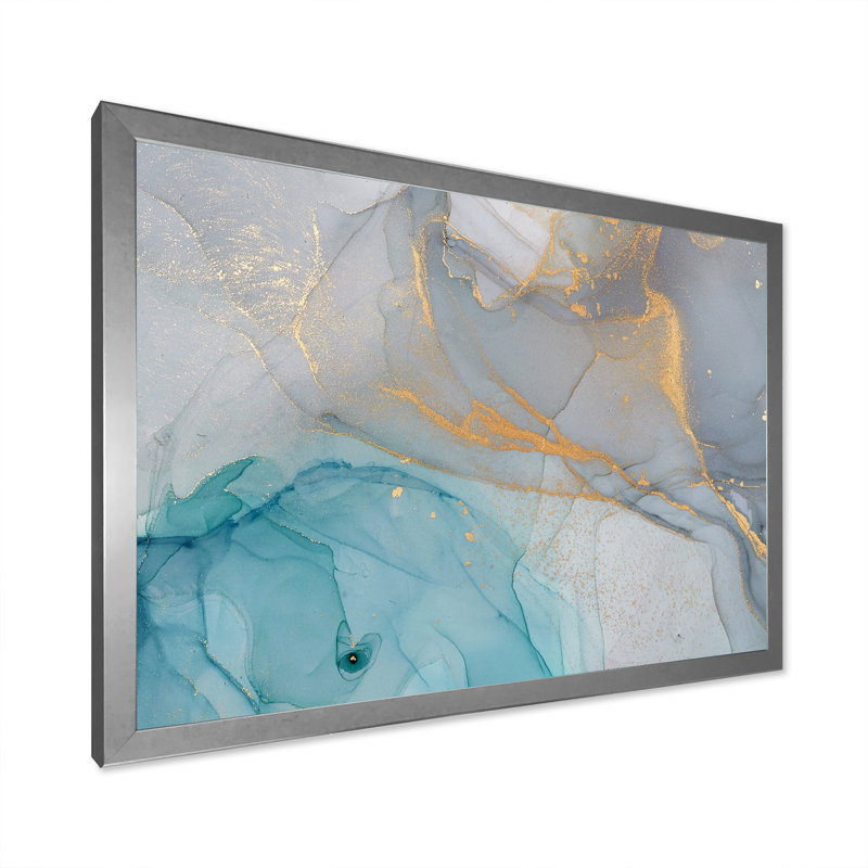 Encre liquide turquoise et bleue - Peinture sur toile, H 16 po x l 32 po, Impression encadrée, Argent