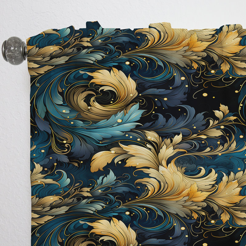 Blue And Yellow Cosmic Damask Whirls - Damask Curtain - Velvet Room Darkening - 1 Panel, 52" W x 120" L