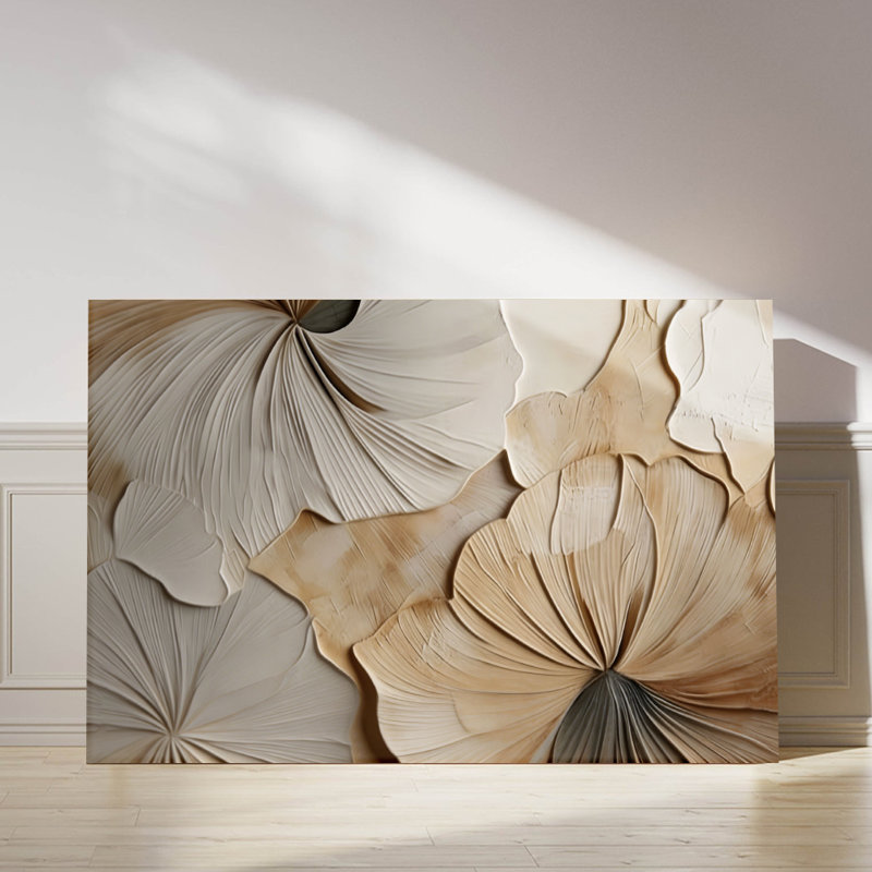 Art sur toile plat sculpté à relief floral, art sur toile encadré de style pétales texturés neutres