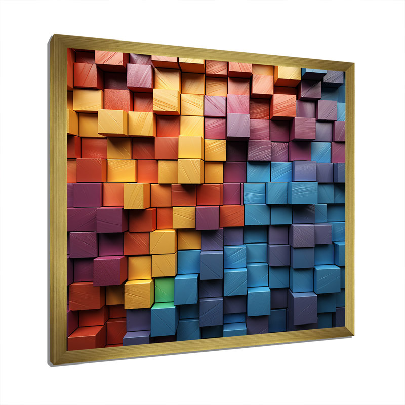 «Rainbow Cubic Wood Spectrum - Abstract Shapes», reproduction d'art sur toile, Cadre doré simple