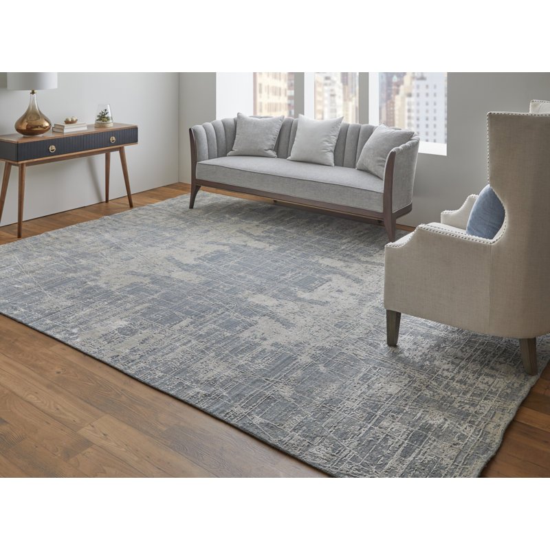 Tapis gris abstrait en viscose tissé à la main, Rond 8 pi