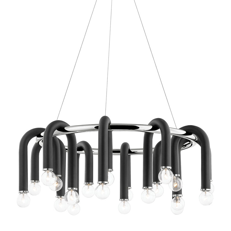 Lustre en roue de chariot unique à 20 lumières Rhea, Nickel poli / Noir
