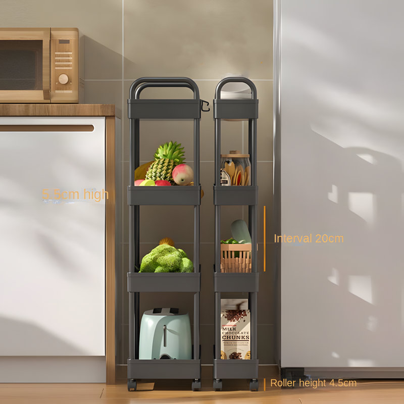Chariot de rangement étroit avec poignées pour la cuisine et la salle de bain, Noir, noir, noir, noir