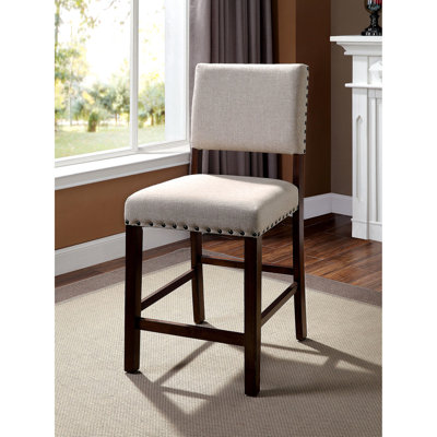 De 2 chaises de salle à manger à hauteur de comptoir industrielles, bois de cerisier brun, tissu rembourré avec coussin en lin rembourré confortable et garniture cloutée attrayante pour une pièce chaleureuse et attrayante