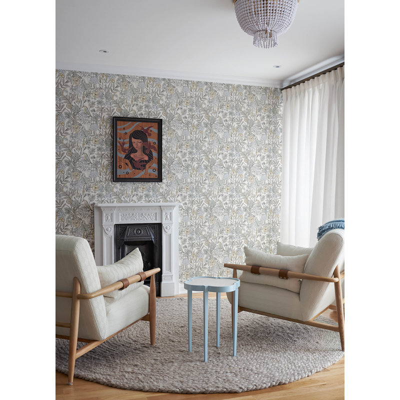 Papier peint chardonneret turquoise oiseaux et fleurs, Beige clair