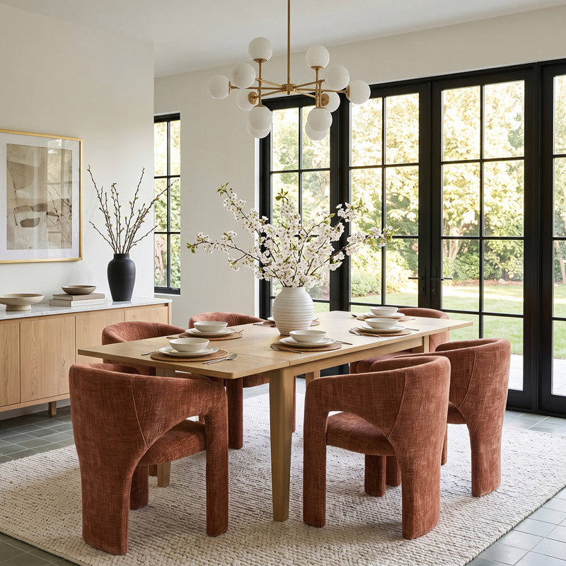 Ensemble de table et de chaises de salle à manger extensibles en placage de bois pour 6 personnes avec fauteuils en chenille