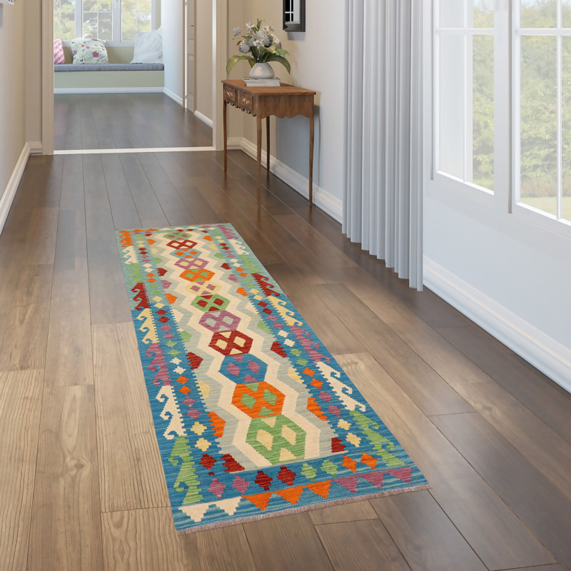 Tapis rouge / bleu / beige en laine tissé à la main 2 pi 8 po x 9 pi 5 po Radke