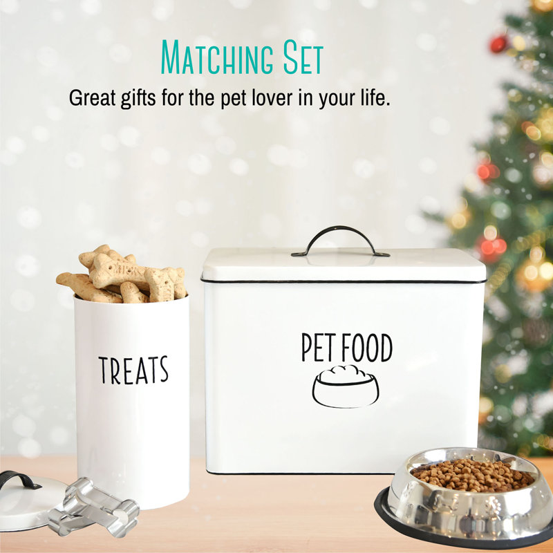 White Metal Farmhouse Pet Treat Container with Lid and Cookie Cutters