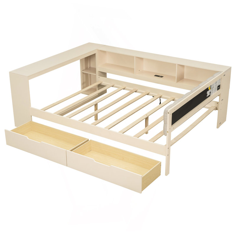 Wood Full Size Platform Bed With Storage Shelves, Drawers, Charging Station And Upholstered Headboard, Cream, Cream, Full